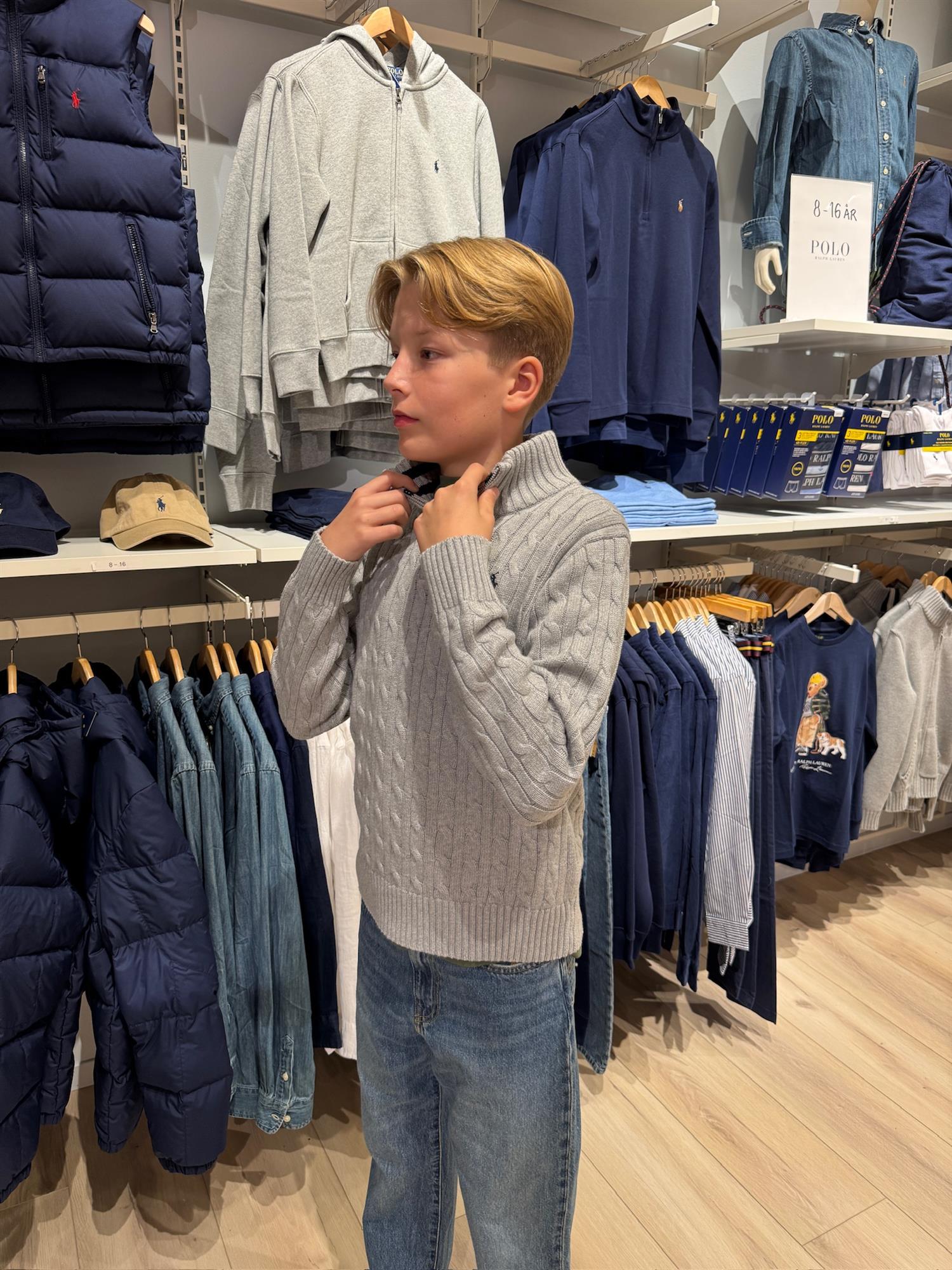 RALPH LAUREN 8-16År Strikket genser m/fletter og zip Grå