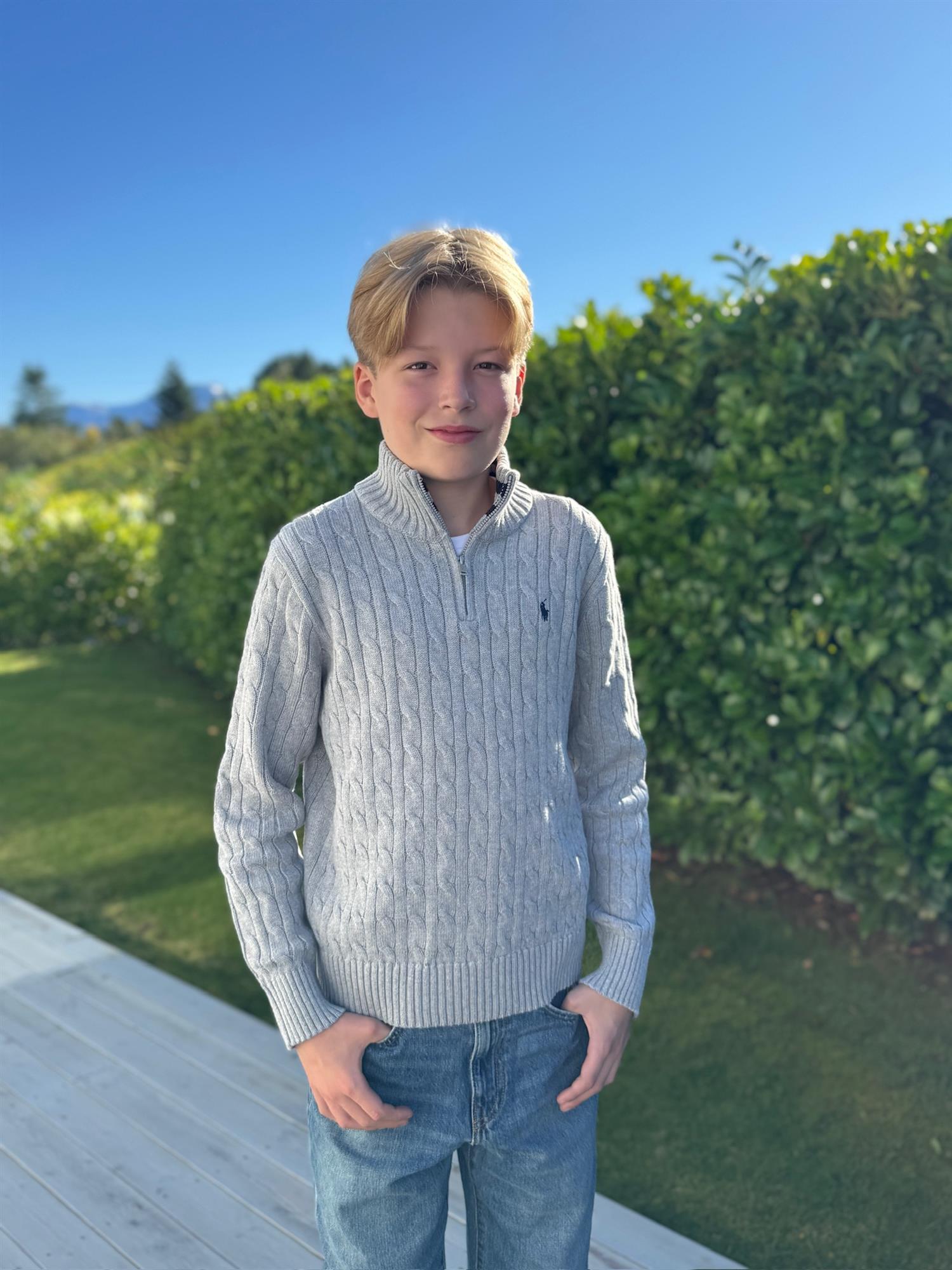 RALPH LAUREN 8-16År Strikket genser m/fletter og zip Grå