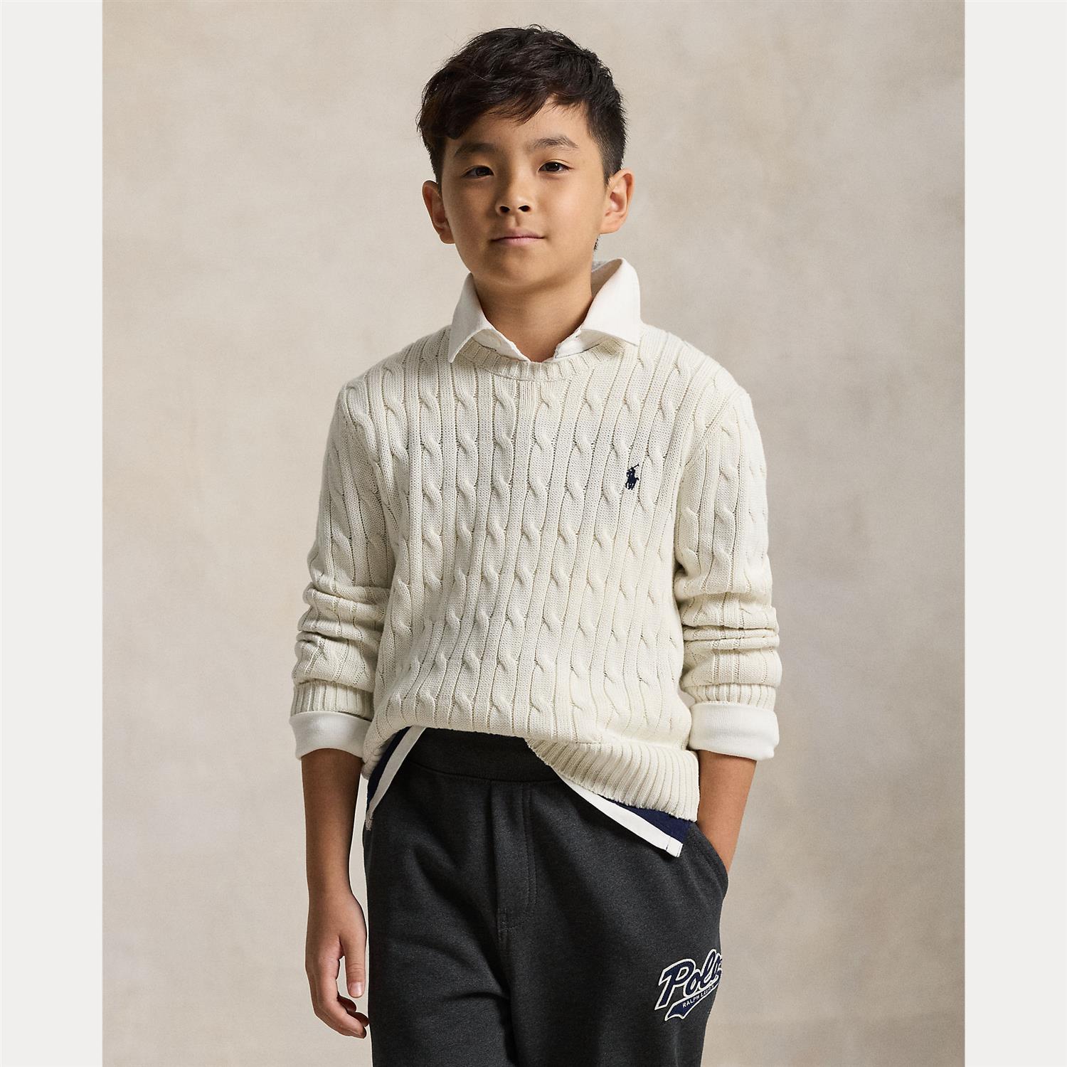 RALPH LAUREN 8-16År Strikket genser m/fletter Hvit - Farmor Ingvarda