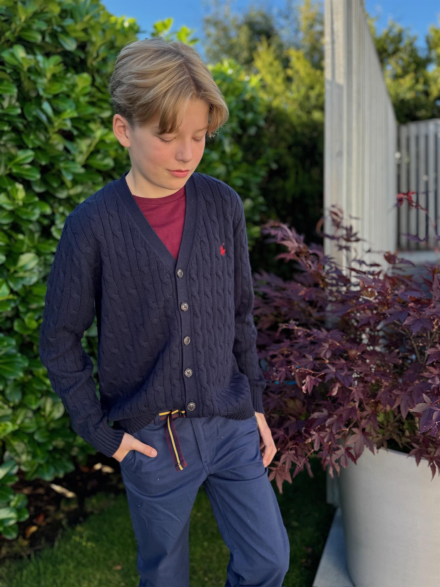 RALPH LAUREN 8-16År Strikket jakke m/fletter Mørkeblå - Farmor Ingvarda