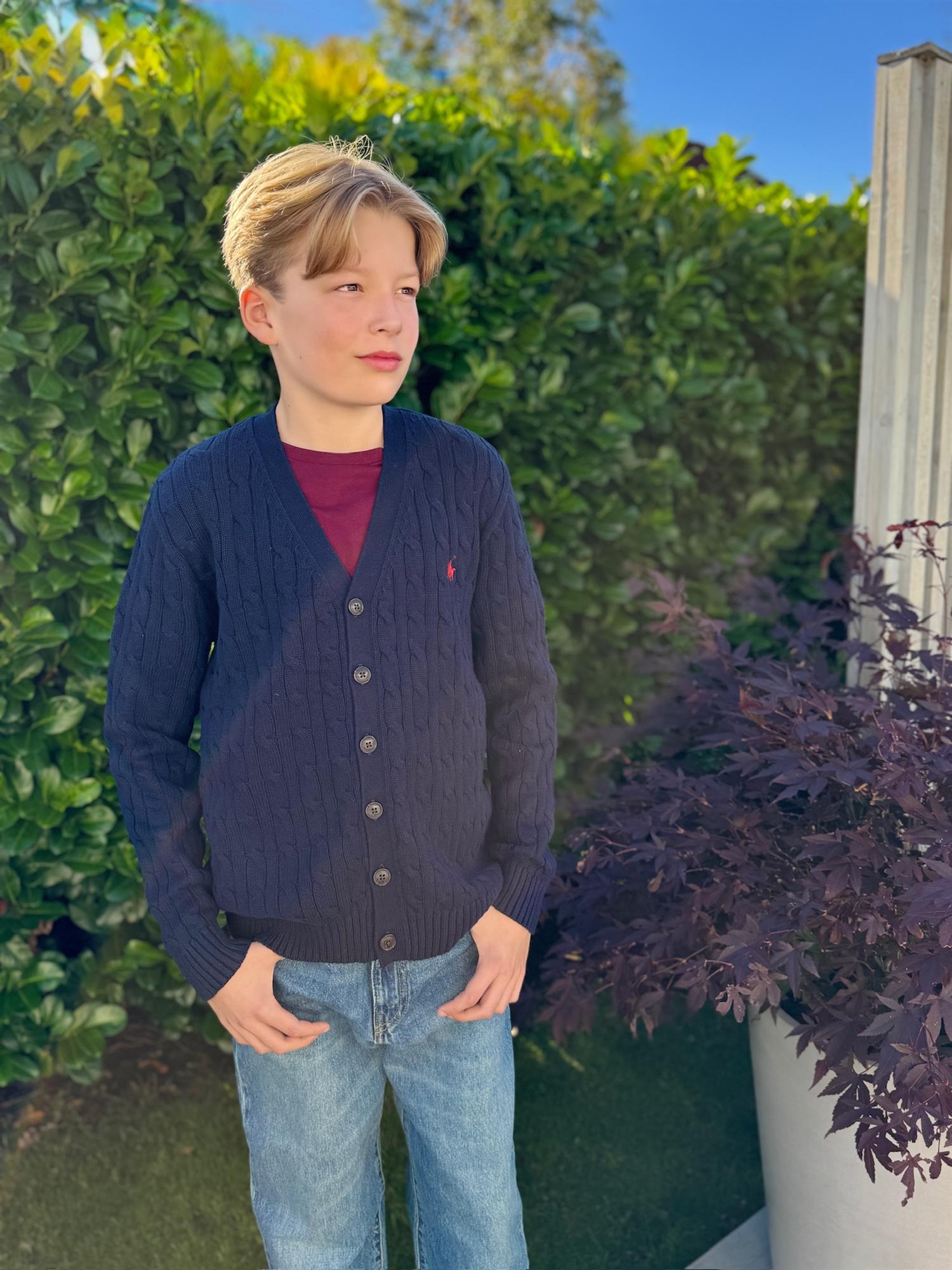 RALPH LAUREN 8-16År Strikket jakke m/fletter Mørkeblå - Farmor Ingvarda