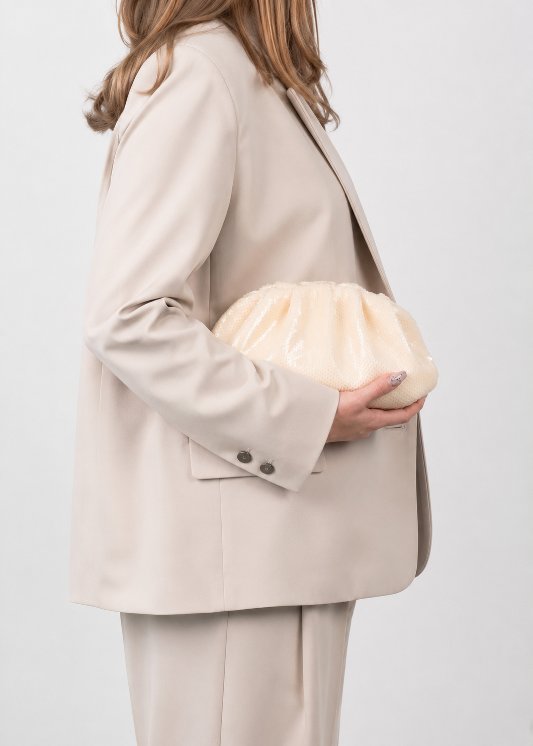 SUI AVA Sequin Clutch Bag Cream - Farmor Ingvarda