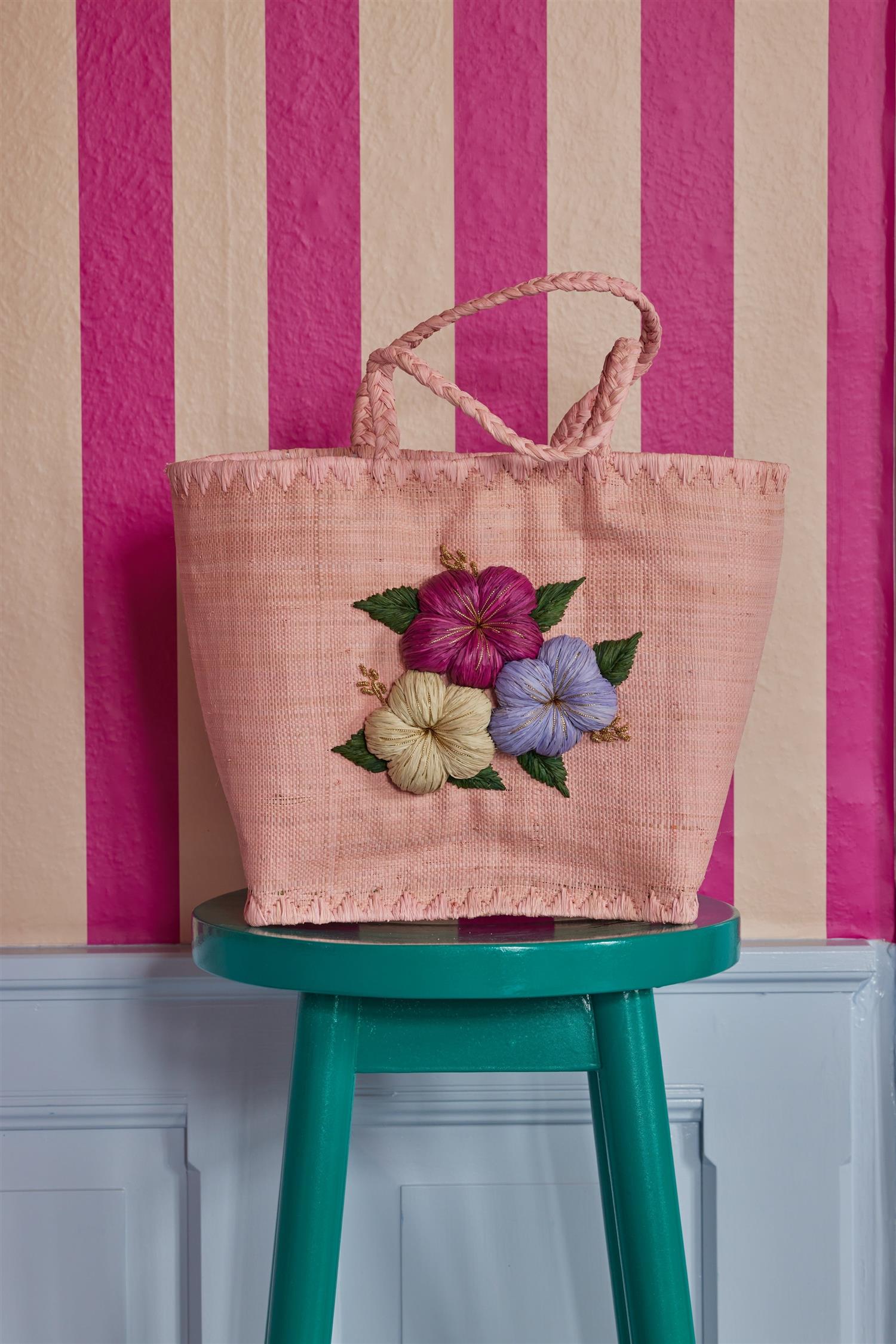 RICE Raffia Bag Large w/Flower Lys Rosa