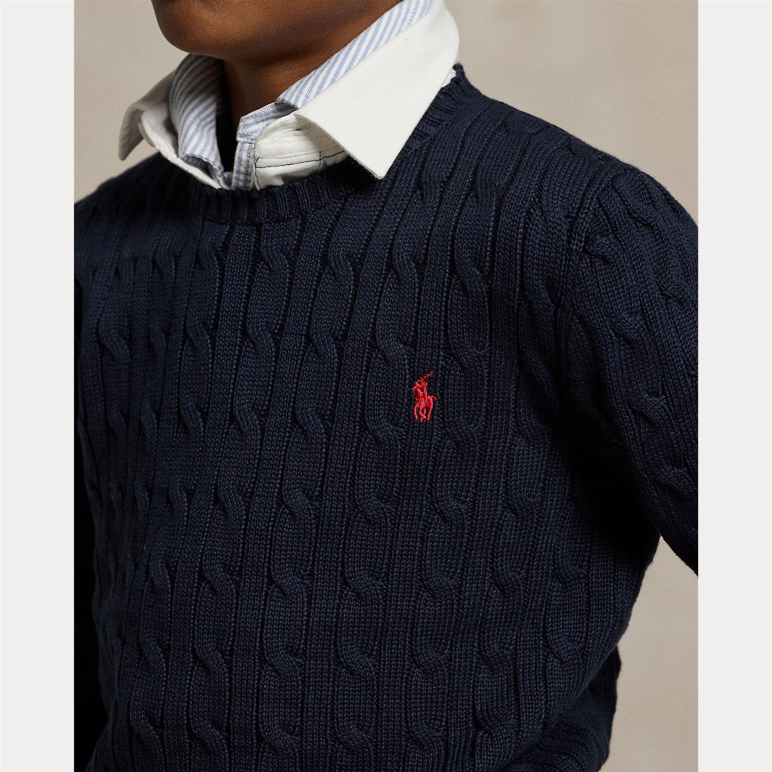 RALPH LAUREN 8-16År Strikket genser m/fletter Mørkeblå