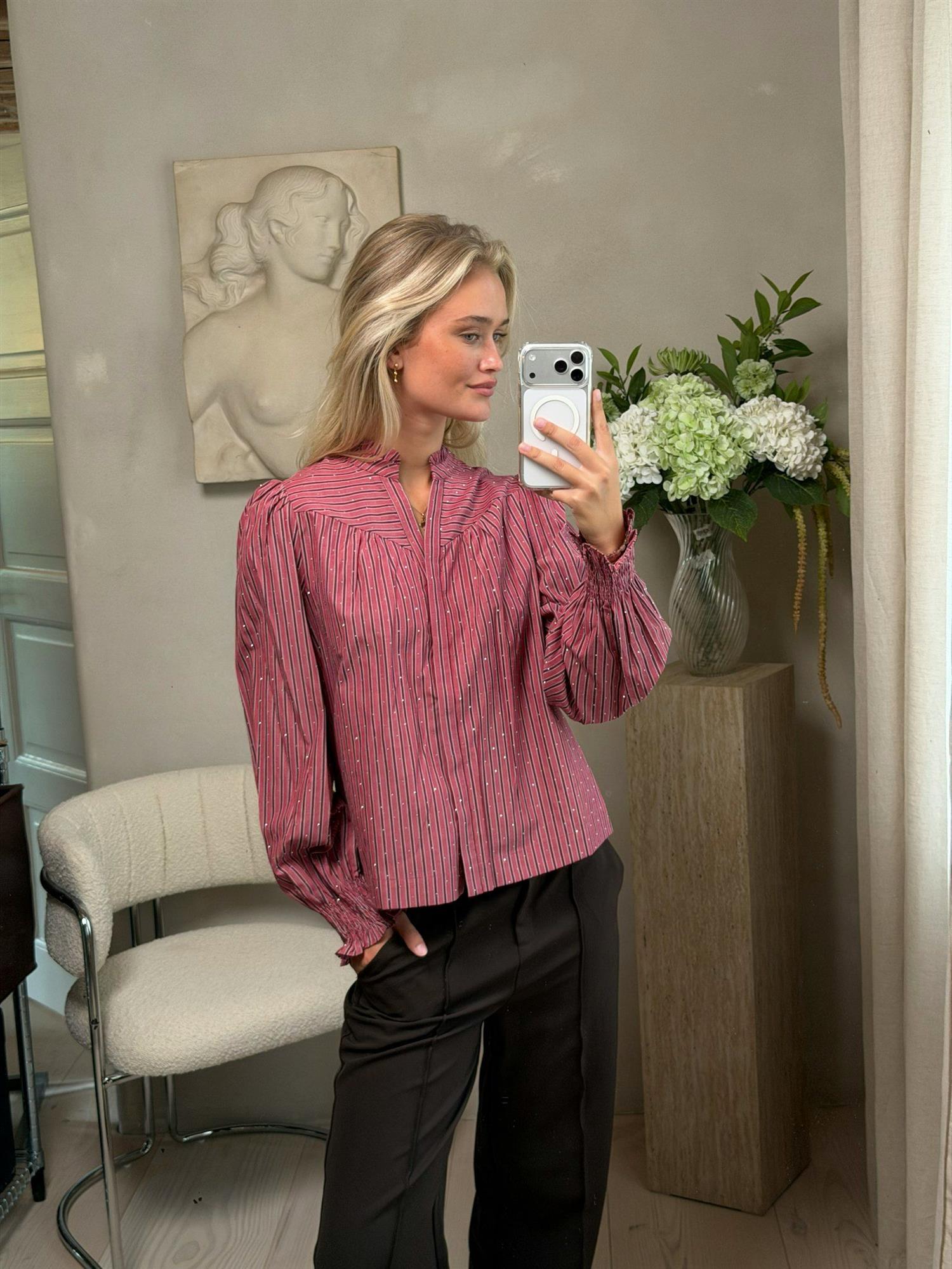 NEO NOIR Astrida Soft Stripe Stone Blouse
