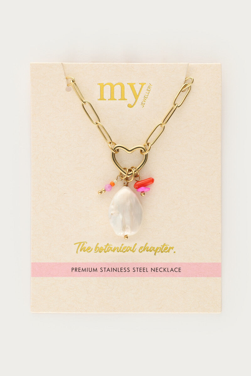 MY JEWELLERY Botanical chain necklace with heart charm and beads - Farmor Ingvarda