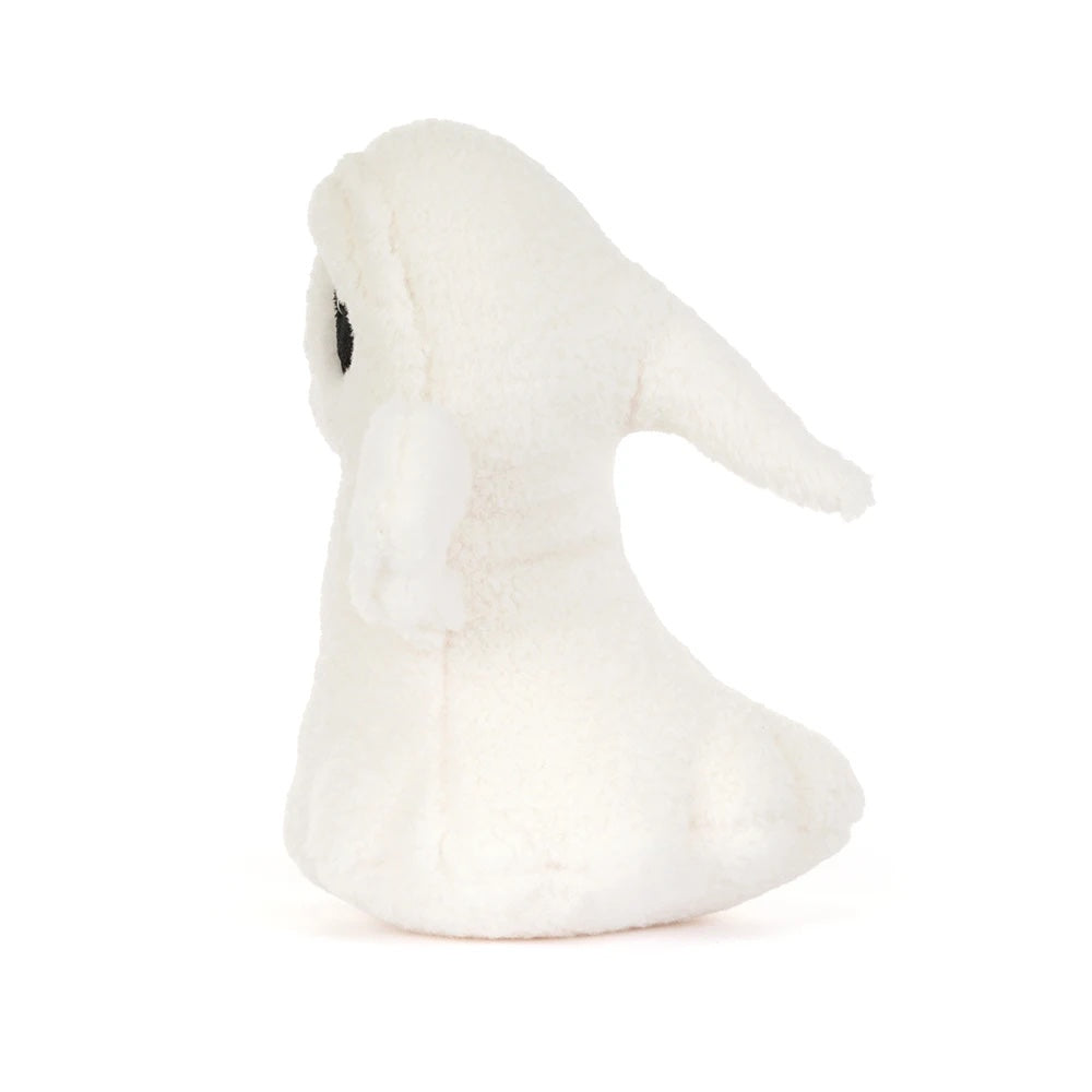 JELLYCAT Ghost Bob sitteleke, 19 cm, myk og søt bamse for barn, med hvitt og grått pelsmateriale.