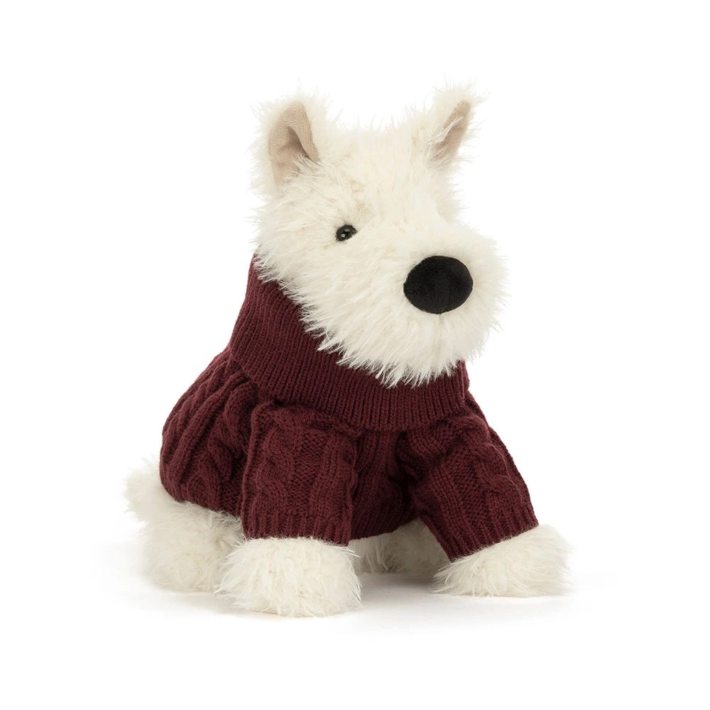 JELLYCAT Munro Scottie Dog vintergenser til barn, myk og koselig med Scottie hundemønster, perfekt for vinterlek.