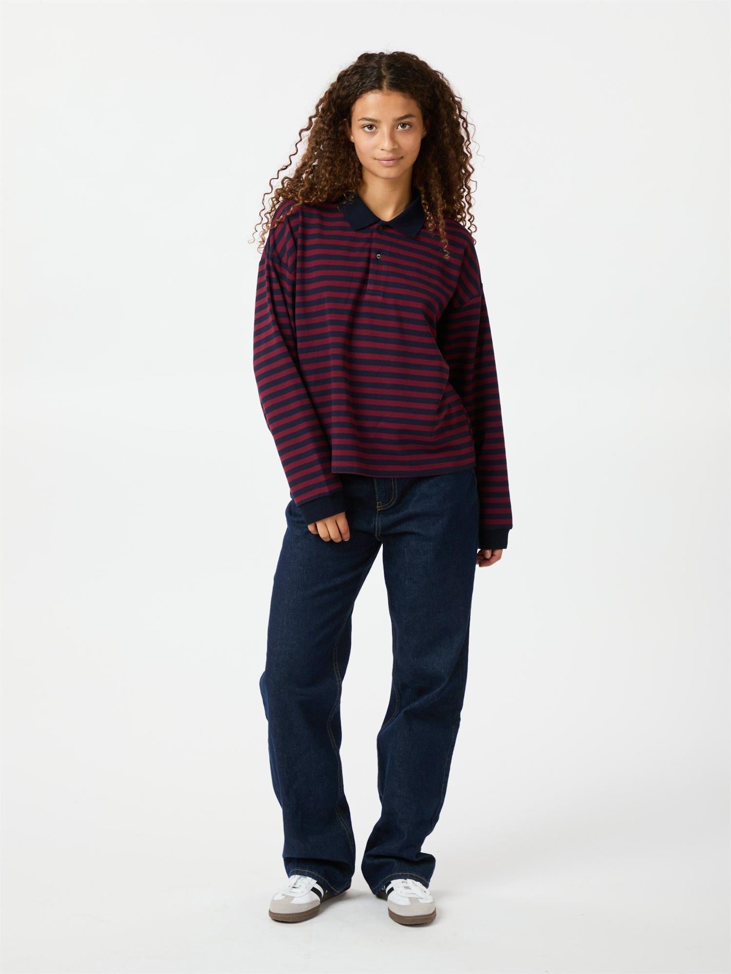 NEO NOIR Sara Wide Stripe Polo Blouse Burgunder