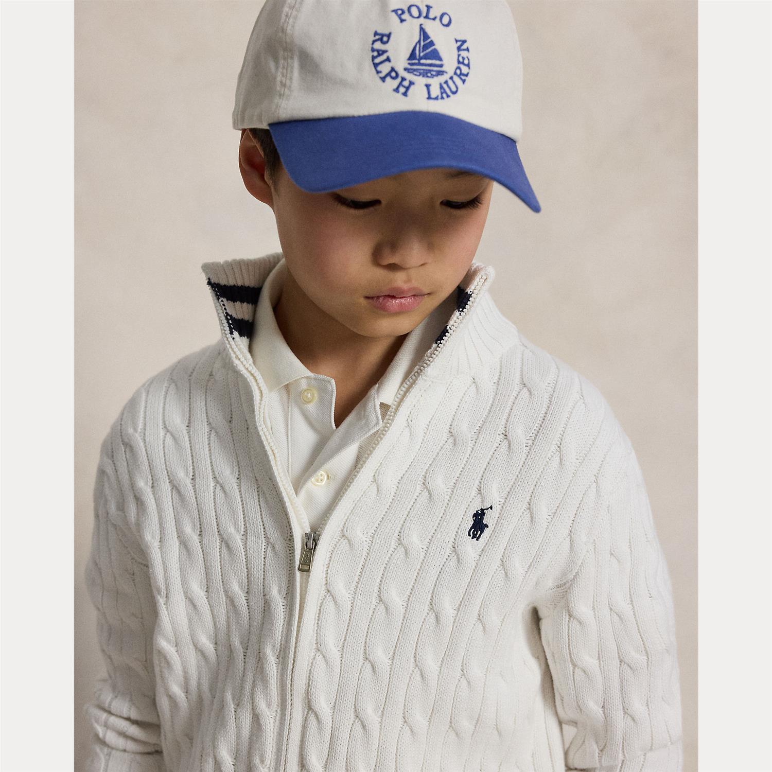 RALPH LAUREN 8-16År Strikket jakke m/fletter og zip Hvit