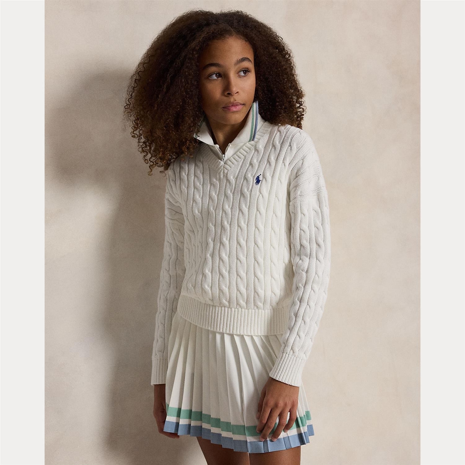 RALPH LAUREN 8-16År Genser m/flettestrikk,Jente Hvit