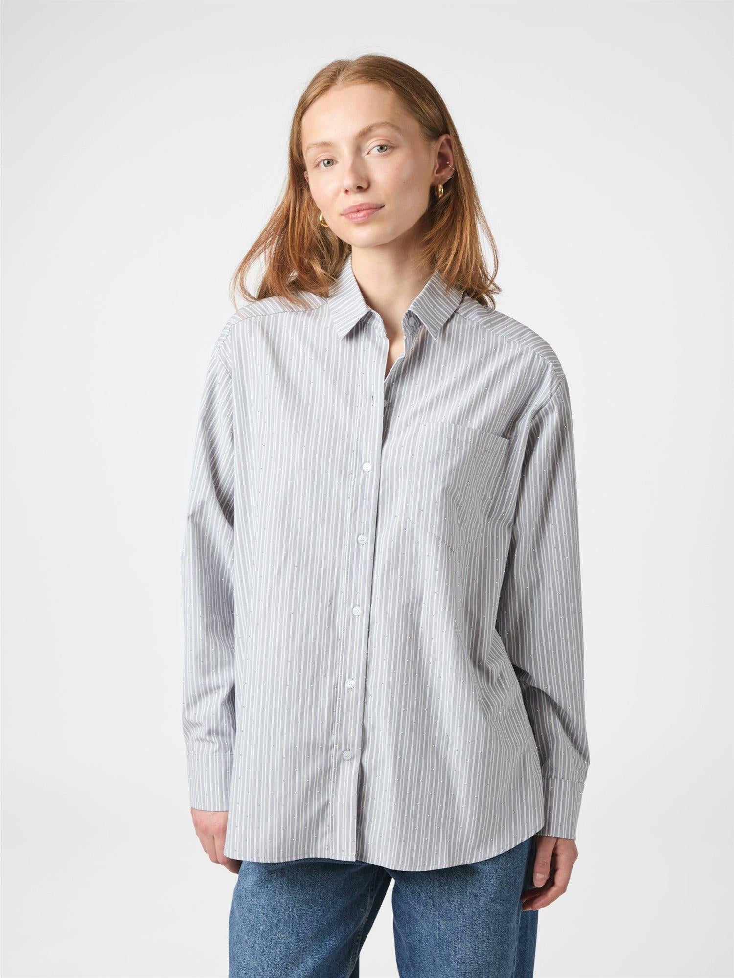 NEO NOIR Dalma Stripe Stone Shirt Lys Grå Stripet