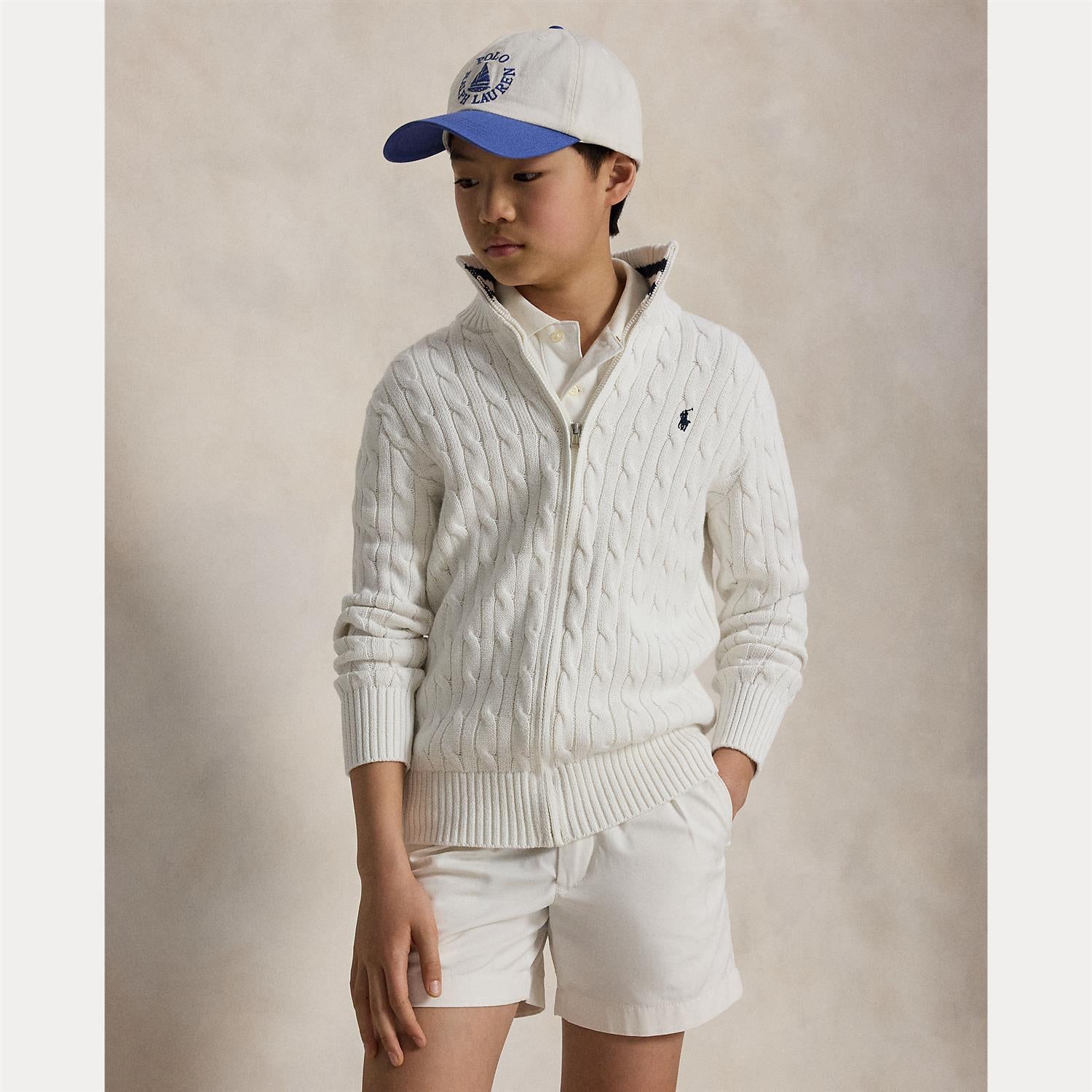 RALPH LAUREN 8-16År Strikket jakke m/fletter og zip Hvit