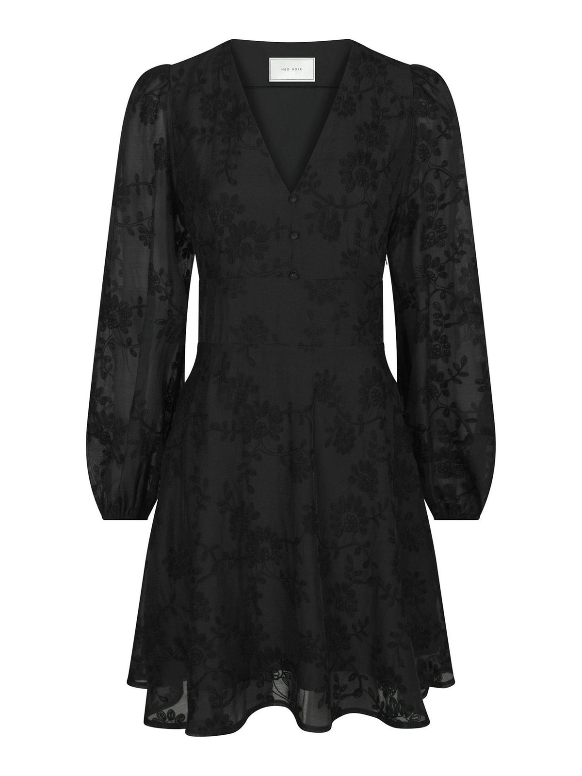 Norsk: NEO NOIR Milly brodert kjole for dame, elegant med blomstermønster og fint snitt, perfekt til spesielle anledninger.