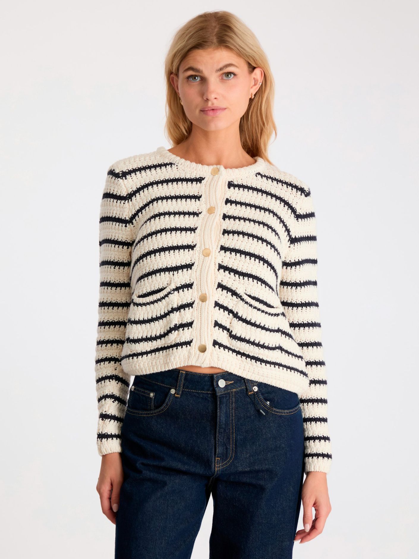 NEO NOIR Paula Knit Cardigan Creme/Navy