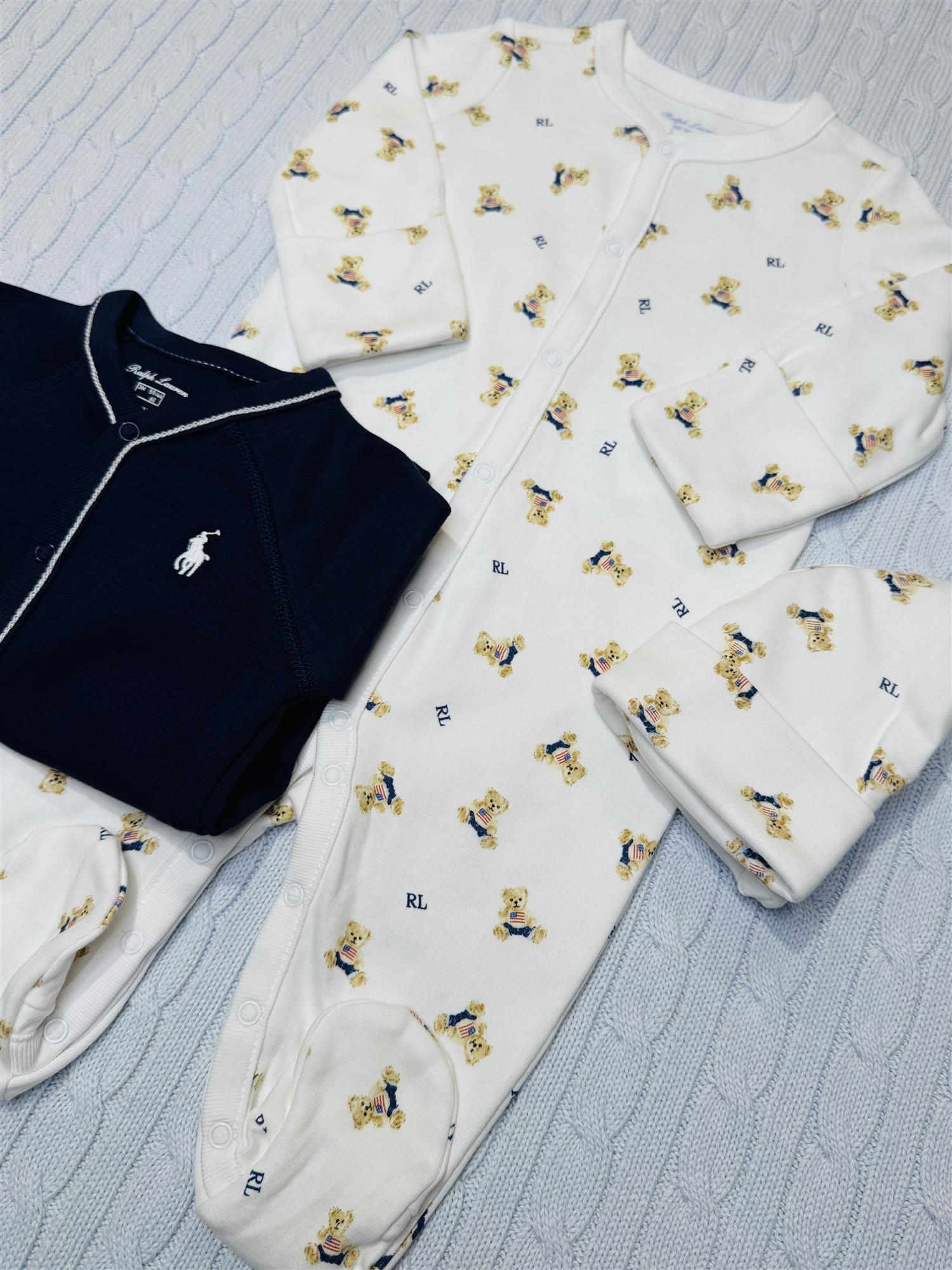 RALPH LAUREN Baby 0-24mnd. Polo Bear Coverall Hvit/Blå