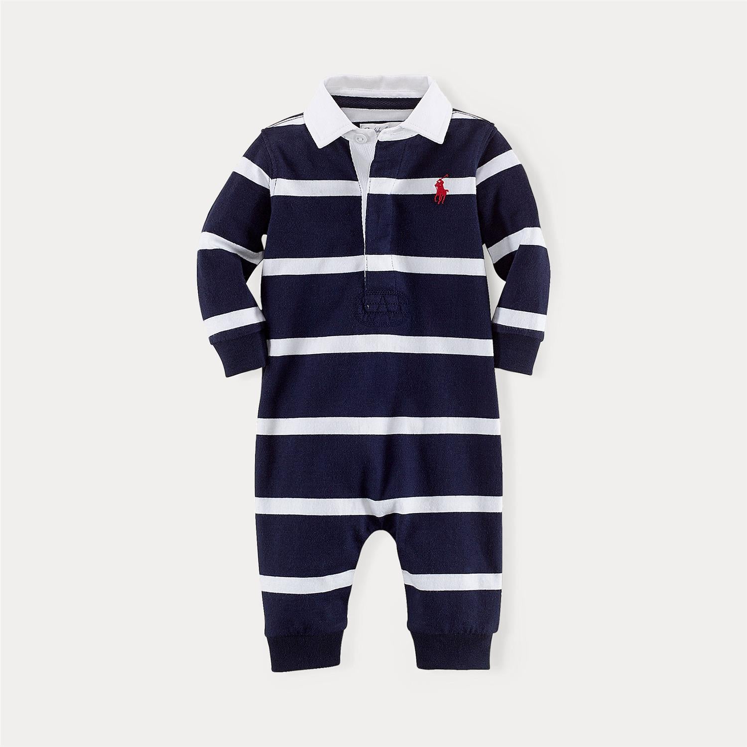 RALPH LAUREN Baby 0-24mnd. Striped Rugby Coverall Blå/Hvit