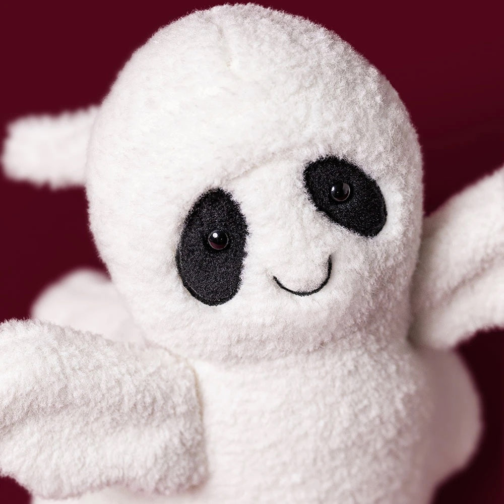 Sittende JELLYCAT Ghost Bob bamse, 19 cm, myk og søt leketøy for barn, med hvitt skummelt spøkelsesdesign.