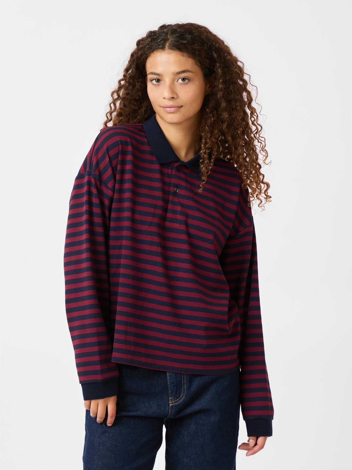 NEO NOIR Sara Wide Stripe Polo Blouse Burgunder