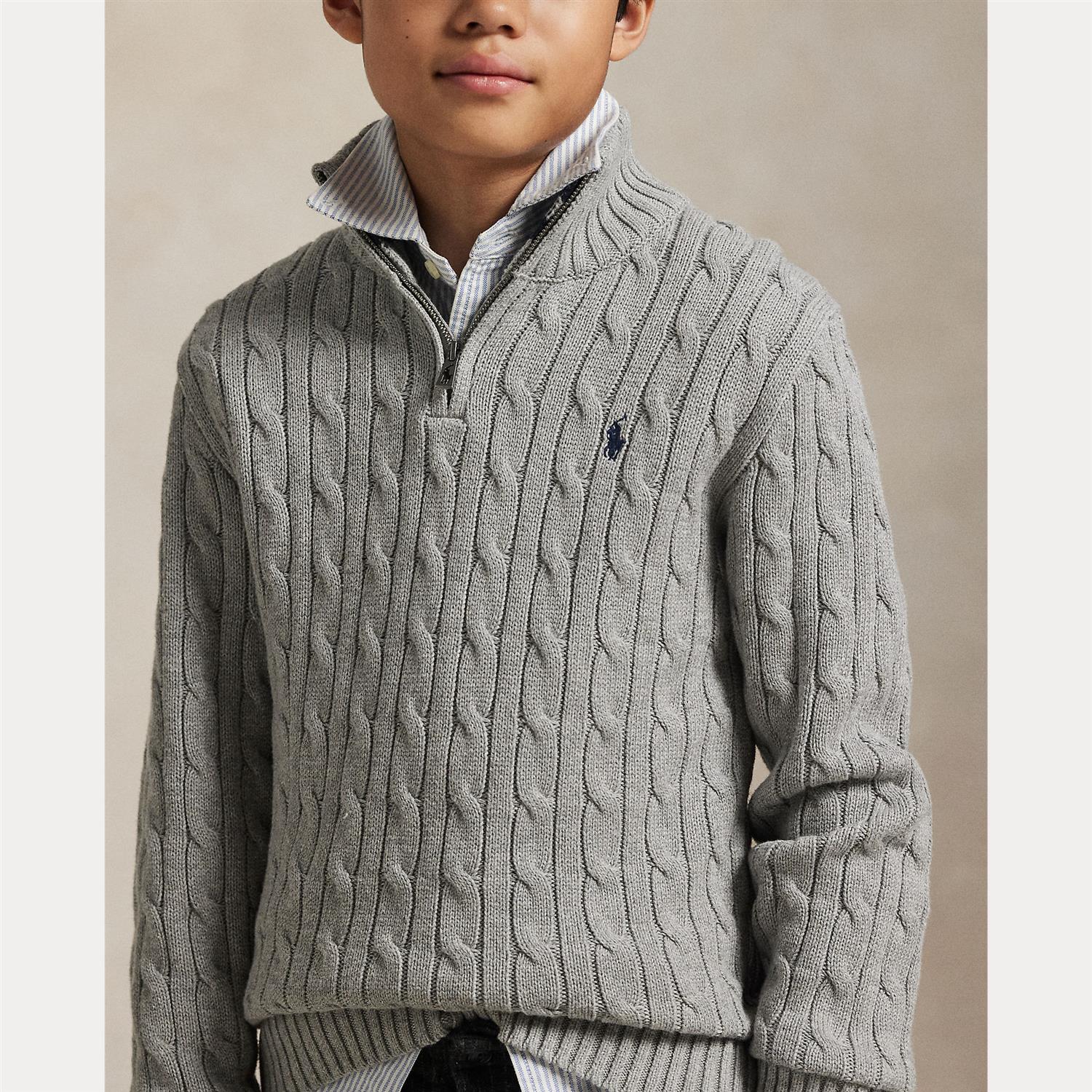 RALPH LAUREN 8-16År Strikket genser m/fletter og zip Grå