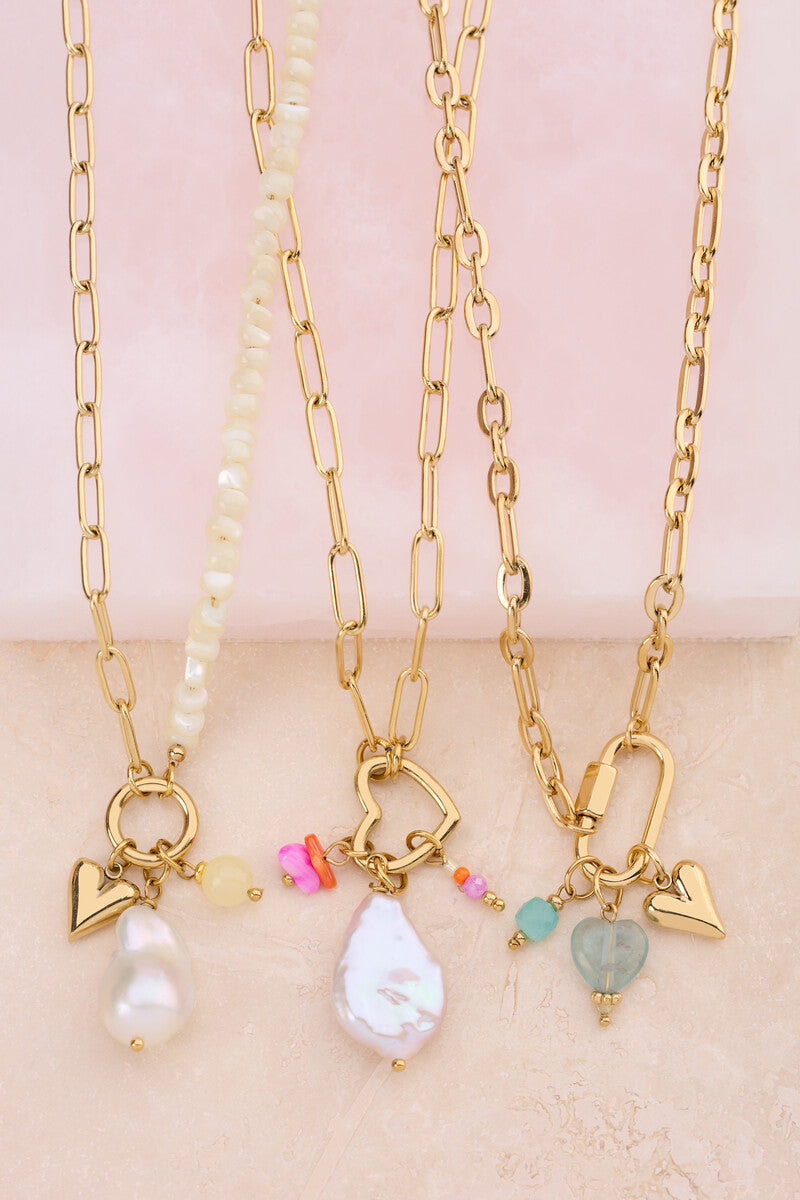 MY JEWELLERY Botanical chain necklace with heart charm and beads - Farmor Ingvarda