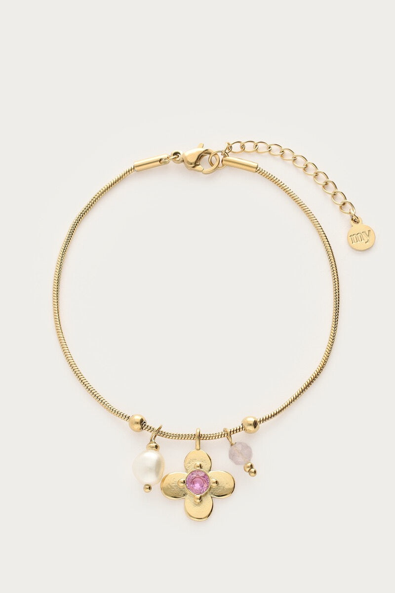 MY JEWELLERY Botanical bracelet with flower and pink rhinestone - Farmor Ingvarda