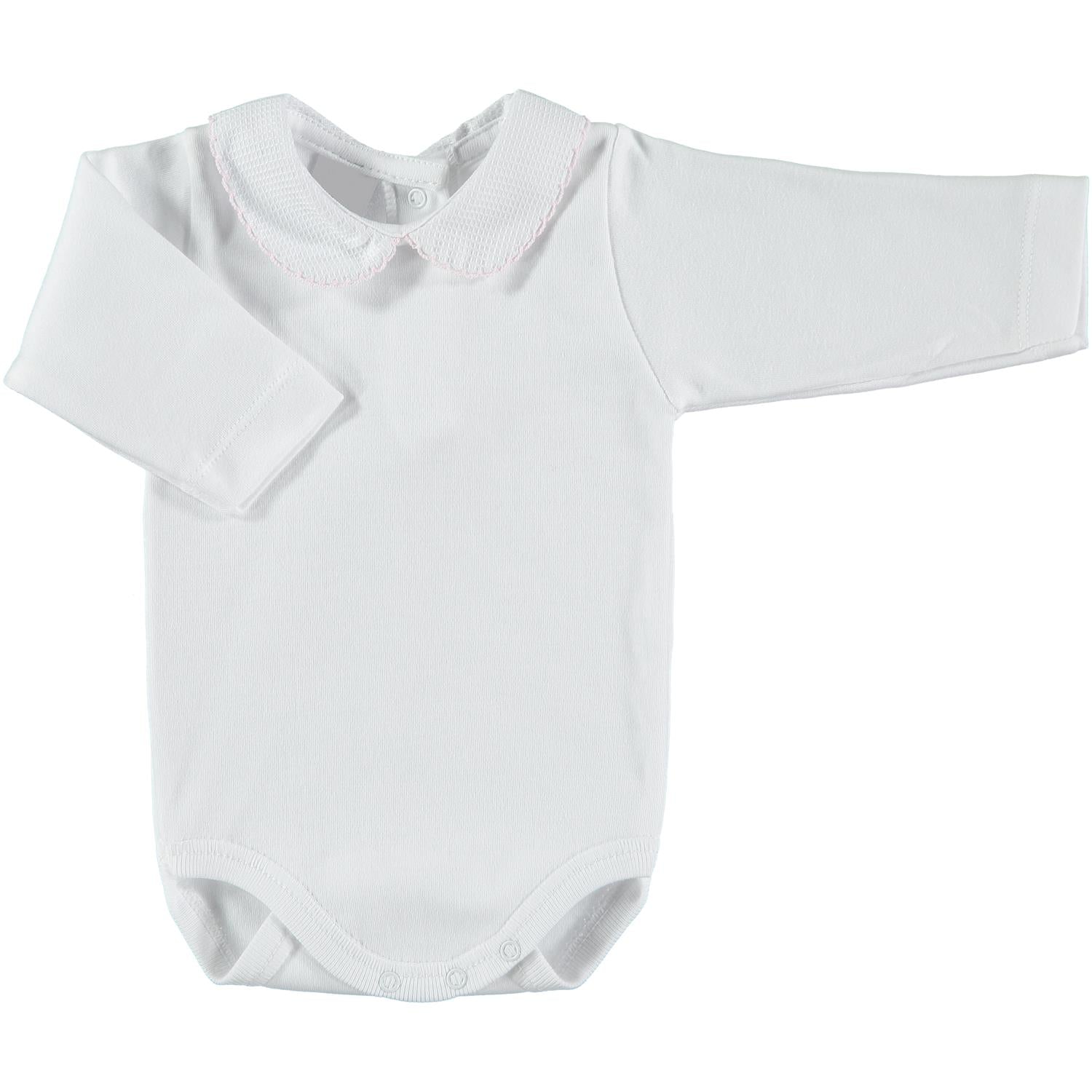 BABIDU 1188 Body med Vaffelkrage,rosa kant Hvit - Farmor Ingvarda