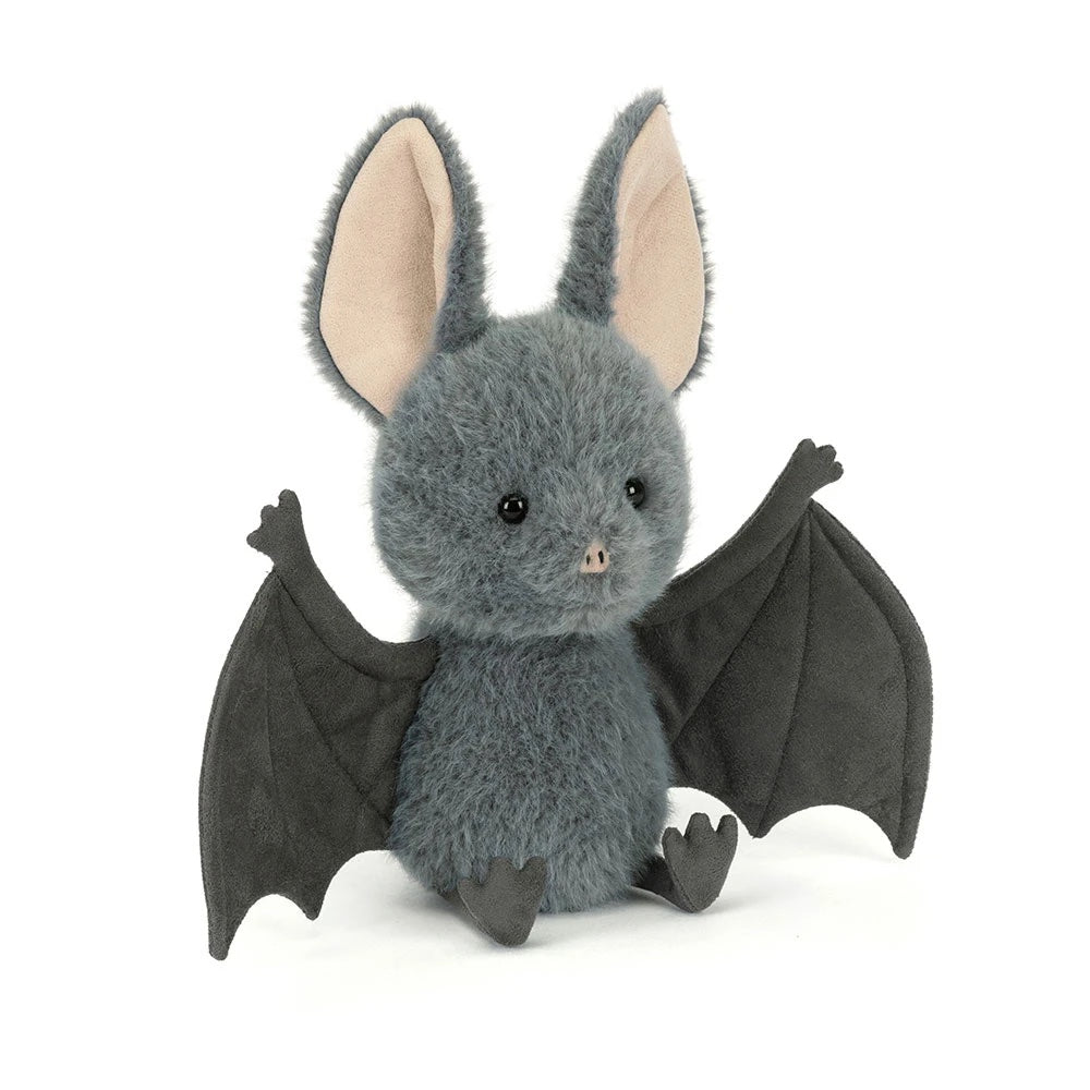 Jellycat Broox Bat leketøysfigur, sittende 18 cm, myk og barnevennlig plush-bamse med svarte vinger og søte ansiktstrekk.