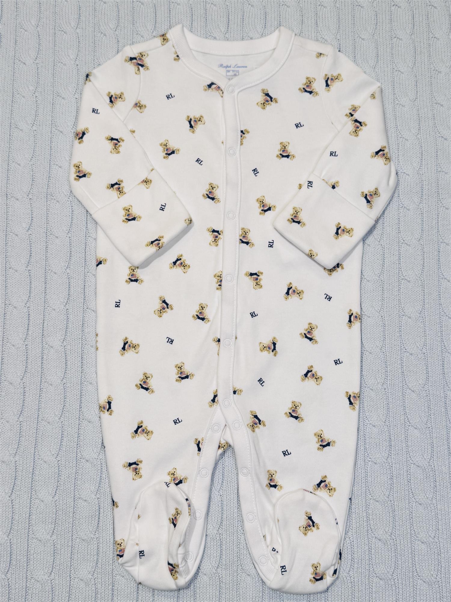RALPH LAUREN Baby 0-24mnd. Polo Bear Coverall Hvit/Blå