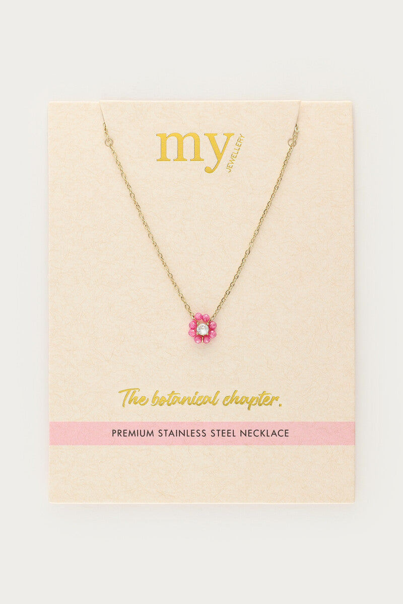 MY JEWELLERY Botanical necklace with small pink rhinestone flower - Farmor Ingvarda