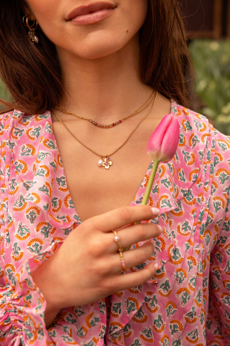 MY JEWELLERY Botanical necklace with flower and pink rhinestone - Farmor Ingvarda