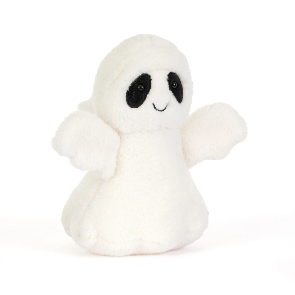 Sittende JELLYCAT Ghost Bob bamse, 19 cm, myk og søt leke for barn, med hvit pels og svarte øyne.