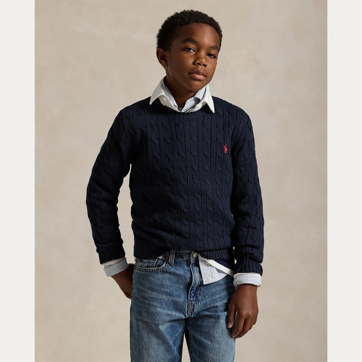 RALPH LAUREN 8-16År Strikket genser m/fletter Mørkeblå