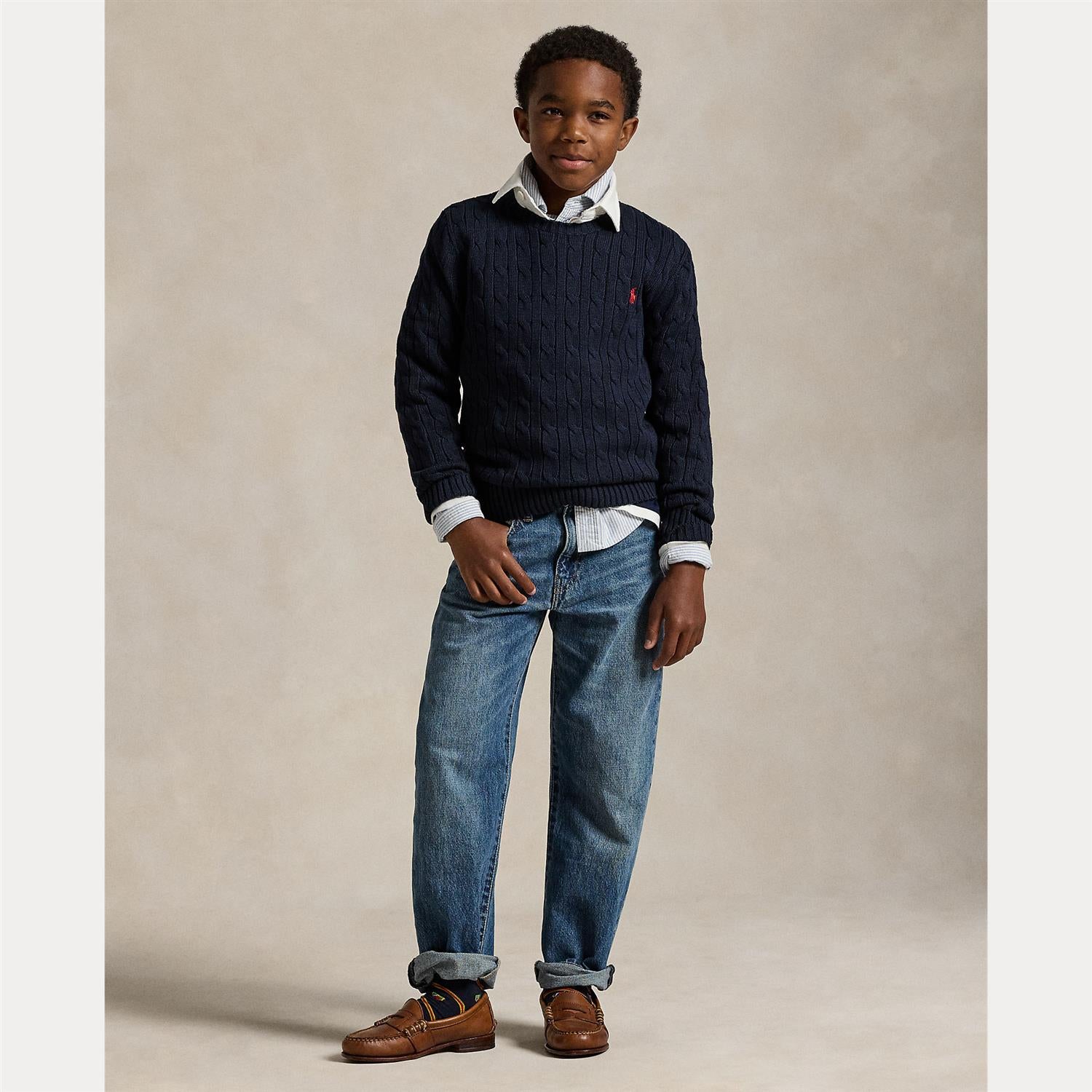 RALPH LAUREN 8-16År Strikket genser m/fletter Mørkeblå