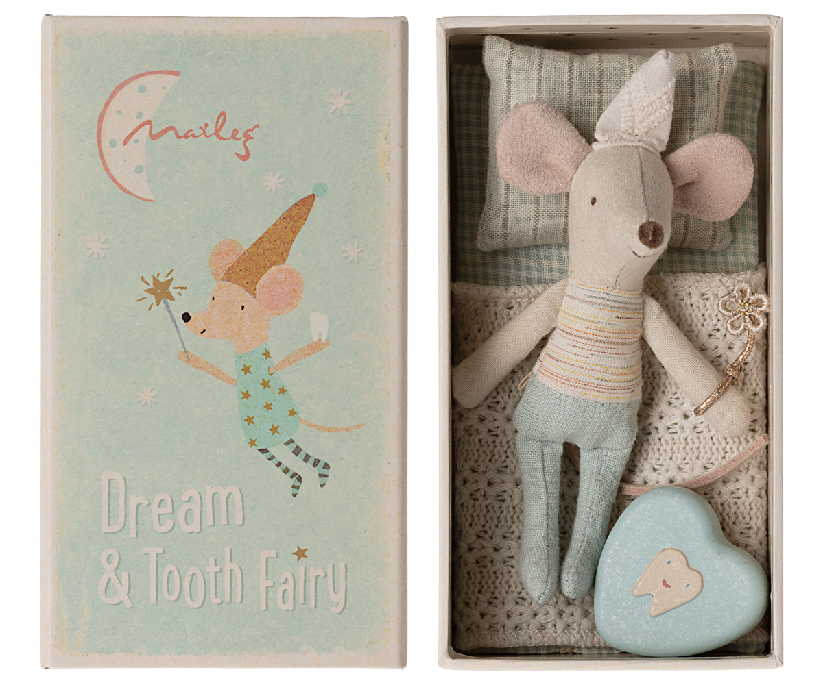 MAILEG Tooth fairy mouse in matchbox,Little brother Lyseblå - Farmor Ingvarda