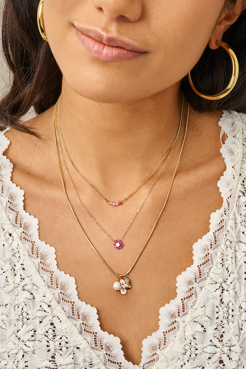 MY JEWELLERY Botanical necklace with small pink rhinestone flower - Farmor Ingvarda