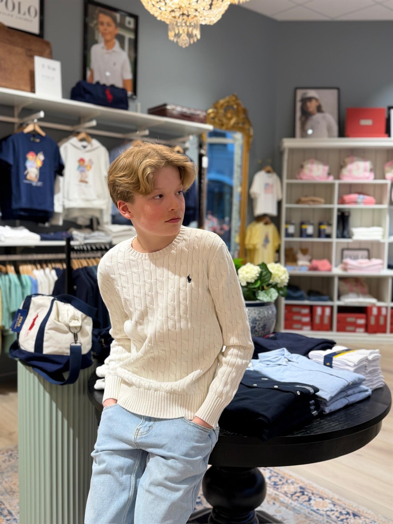 RALPH LAUREN 8-16År Strikket genser m/fletter Hvit - Farmor Ingvarda
