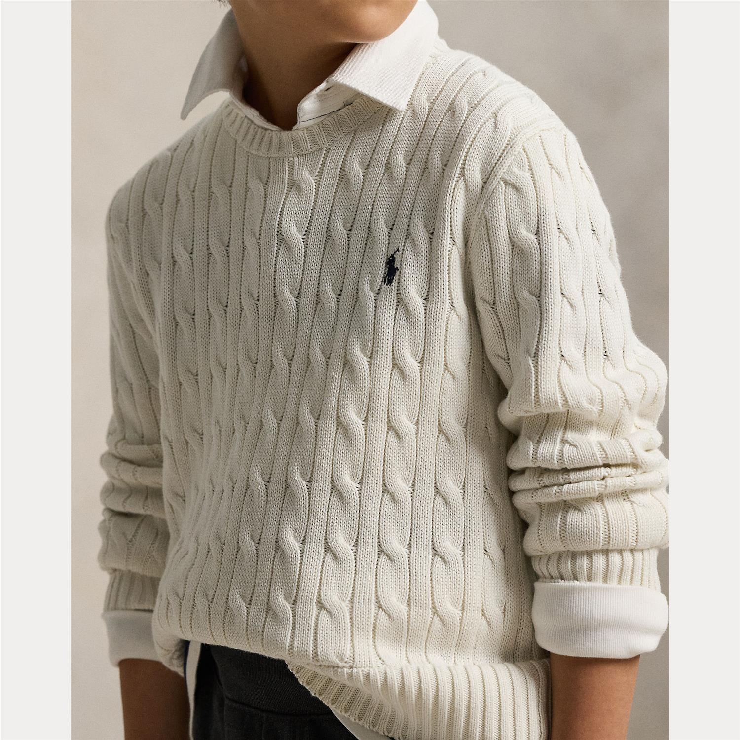 RALPH LAUREN 8-16År Strikket genser m/fletter Hvit - Farmor Ingvarda