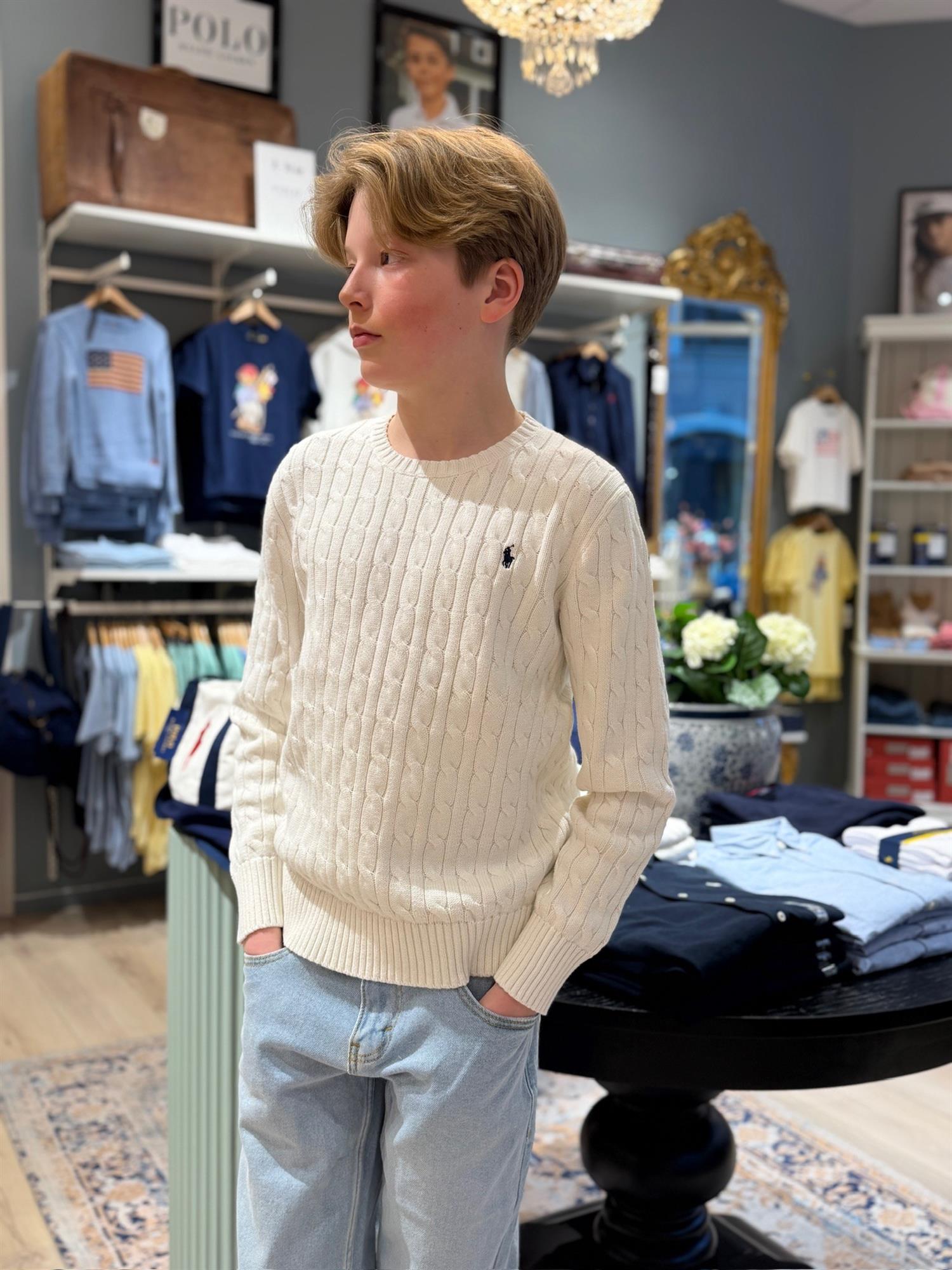 RALPH LAUREN 8-16År Strikket genser m/fletter Hvit - Farmor Ingvarda