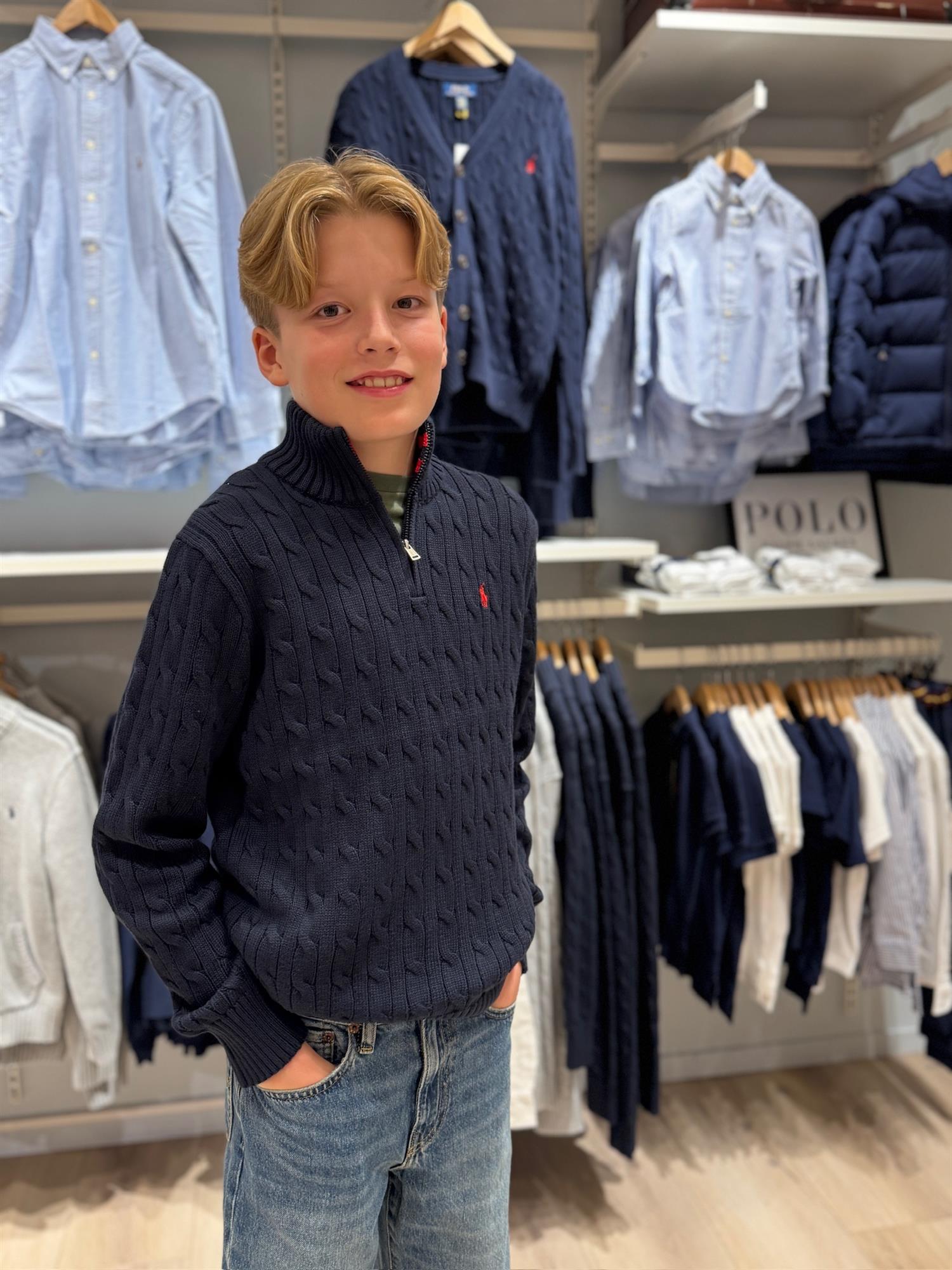 RALPH LAUREN 8-16År Strikket genser m/fletter og zip Mørkeblå - Farmor Ingvarda