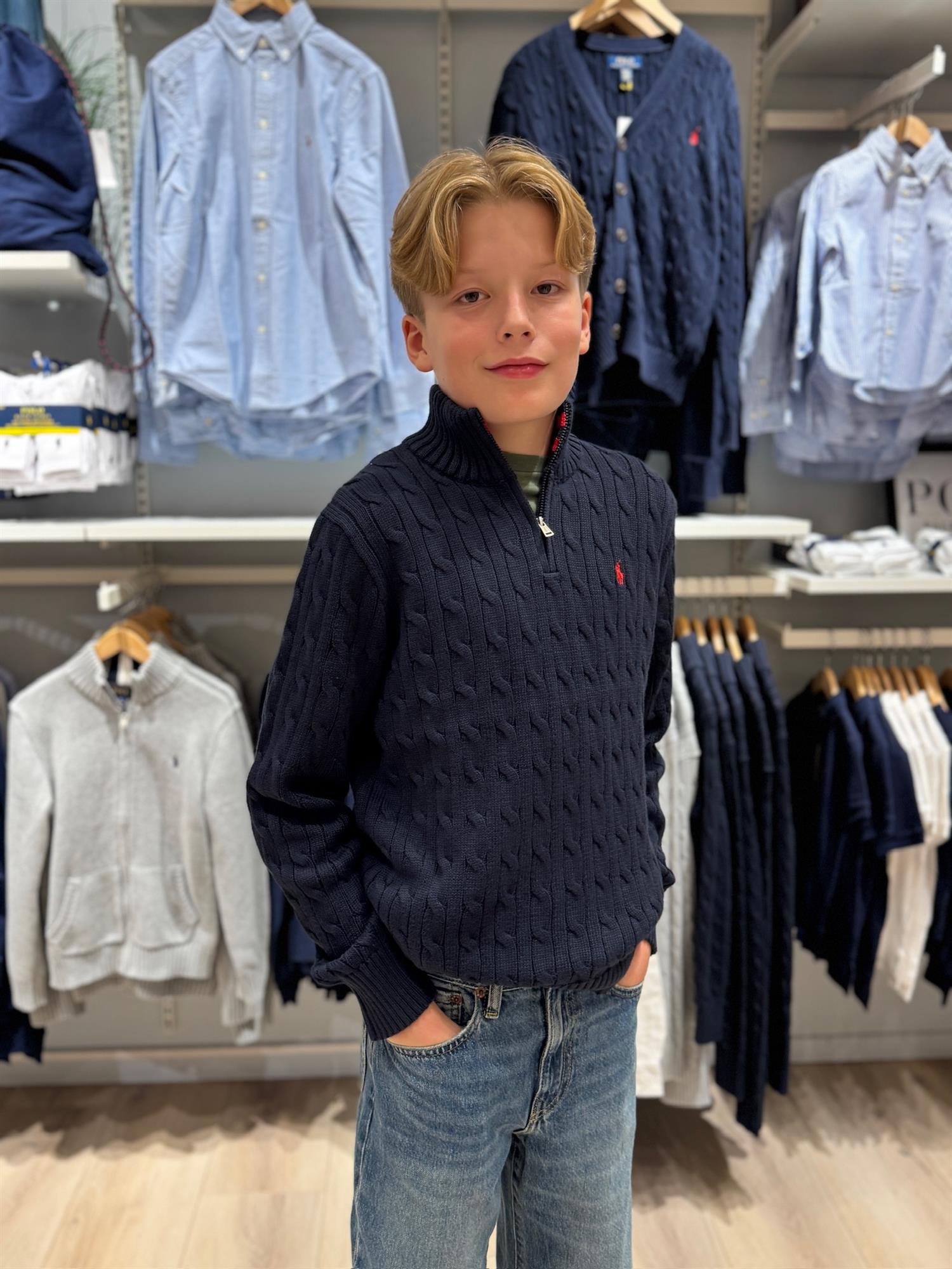 RALPH LAUREN 8-16År Strikket genser m/fletter og zip Mørkeblå - Farmor Ingvarda