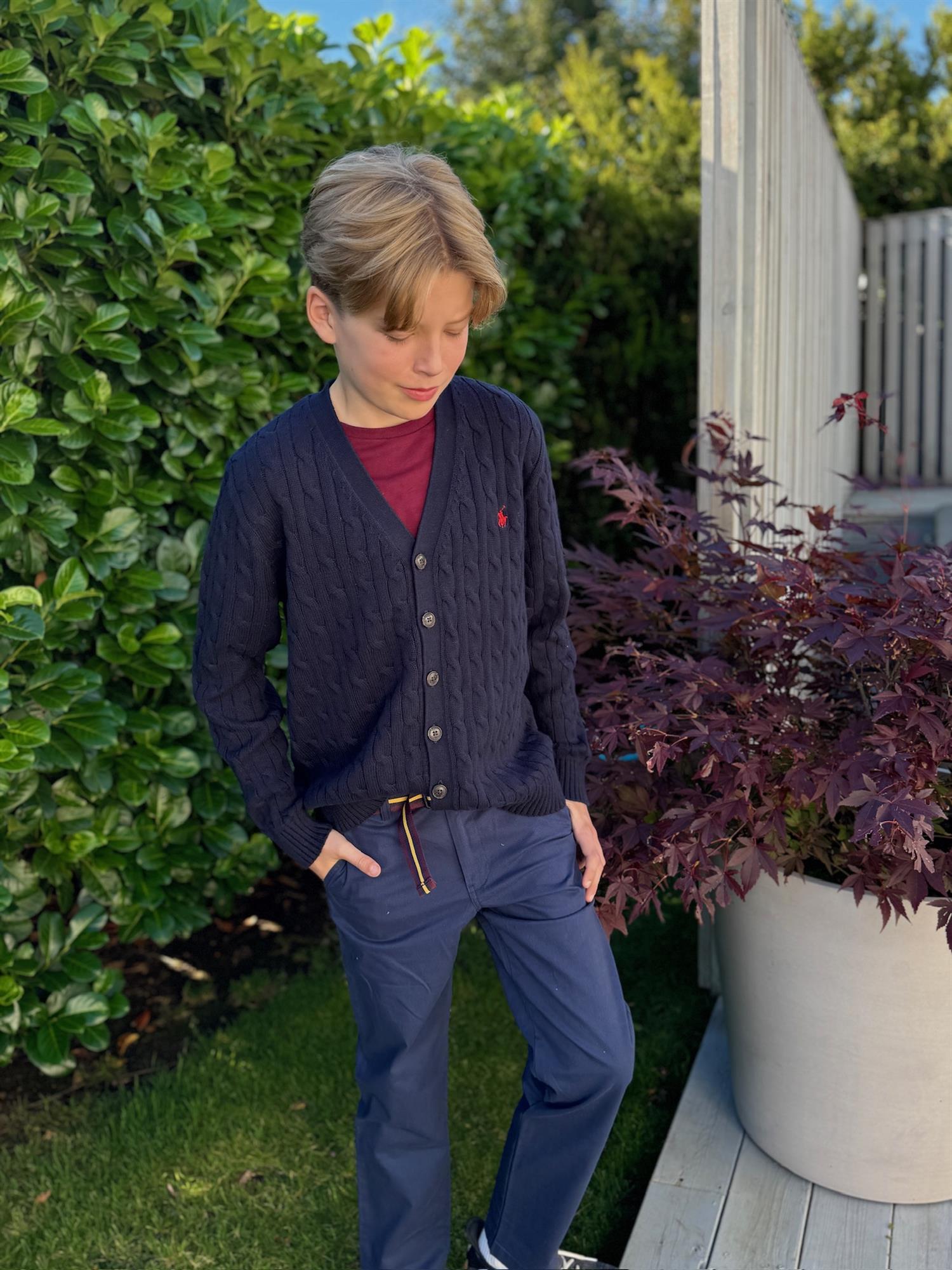 RALPH LAUREN 8-16År Strikket jakke m/fletter Mørkeblå - Farmor Ingvarda