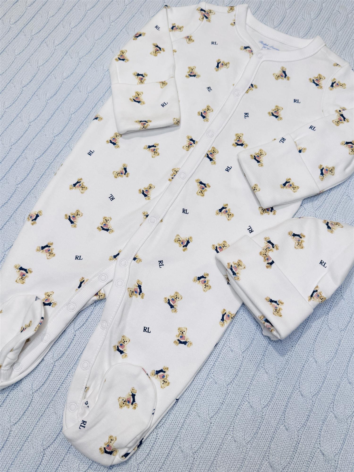 RALPH LAUREN Baby 0-24mnd. Polo Bear Coverall Hvit/Blå - Farmor Ingvarda