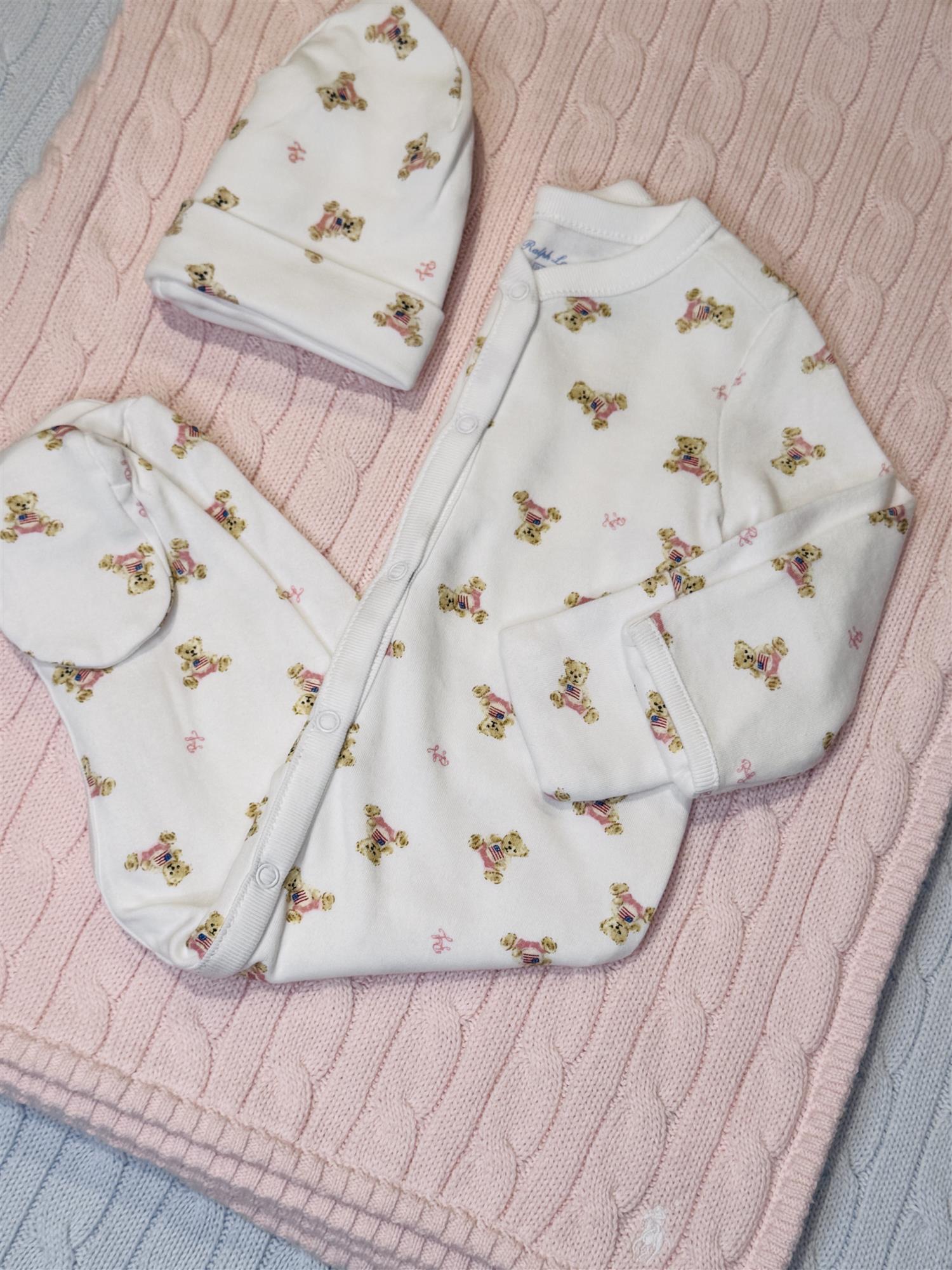 RALPH LAUREN Baby 0-24mnd. Polo Bear Coverall Hvit/Rosa - Farmor Ingvarda