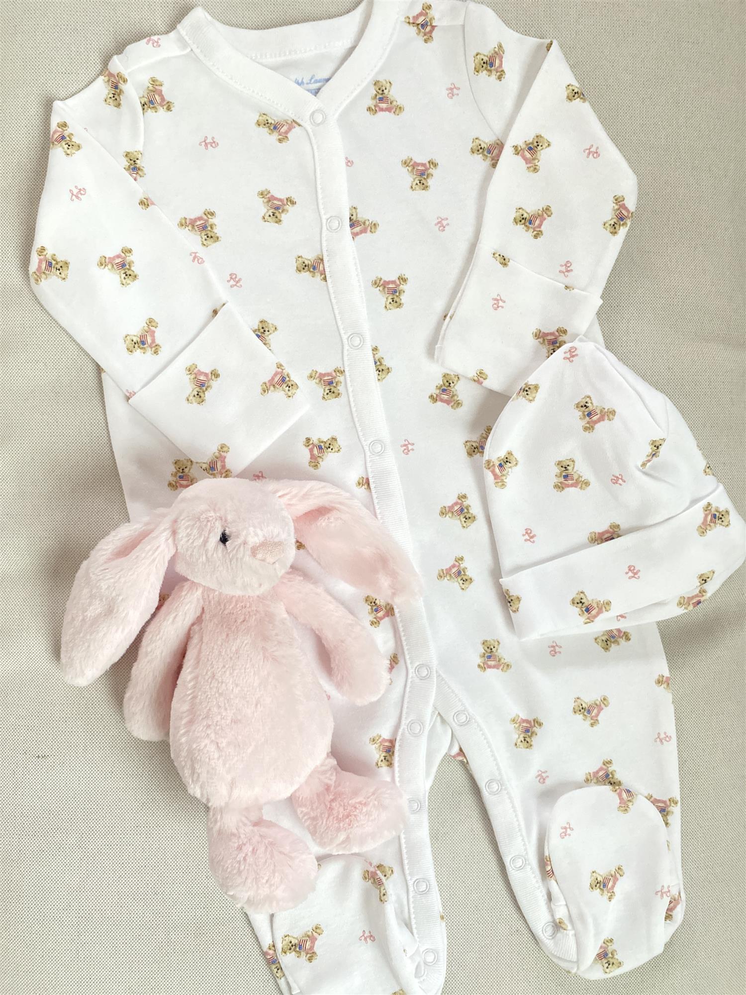 RALPH LAUREN Baby 0-24mnd. Polo Bear Coverall Hvit/Rosa - Farmor Ingvarda